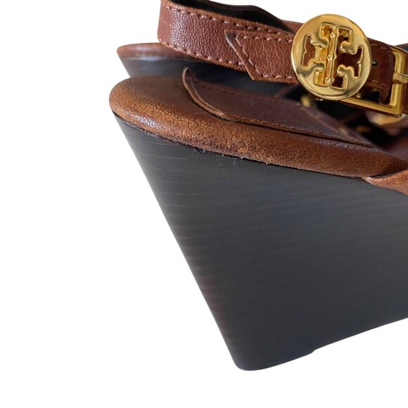 Tory Burch Kathryn Brown Leather Gold Grommet Wedge Sandals Sz 8.5 Designer Luxu - Picture 15 of 15